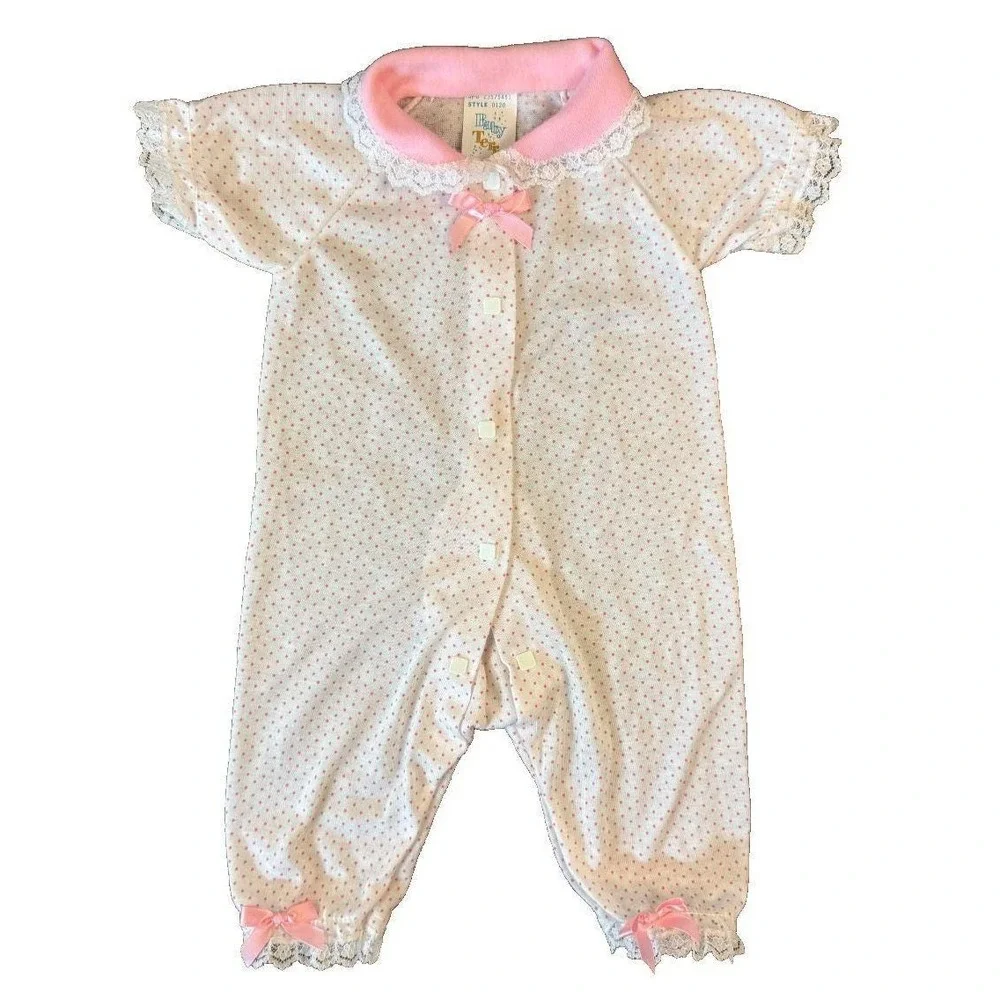Vintage Baby Terry Brand Girl Outfit 3 3/6 Months Pink Dots Bow Lace Square Snap